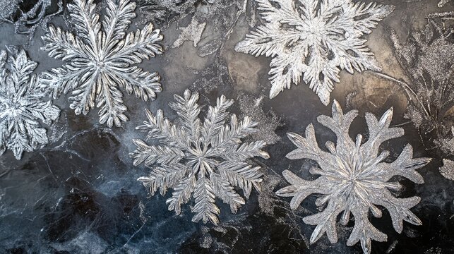 frozen snowflakes with metallic frost patterns in silver and white, creating a christmas-inspired ab