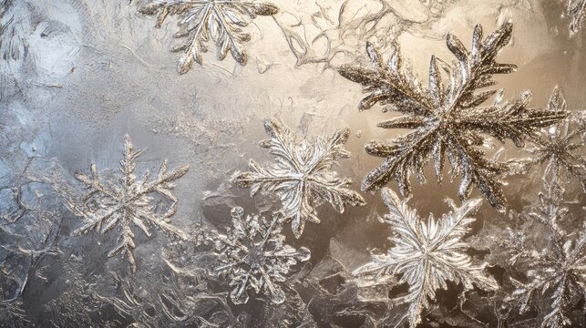 Overlapping frost lines creating snowflake and star shapes, shimmering in silver on a muted holiday background.