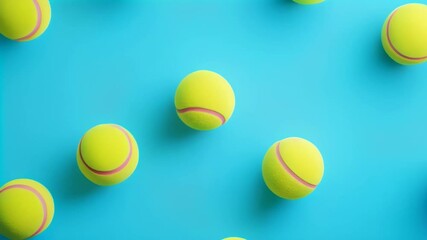 Poster - Multiple tennis balls are creating a repeating pattern on a vibrant blue background, forming an ideal backdrop for sports related themes