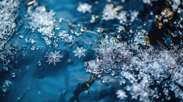 Soft-focus frost and snowflake shapes scattered across a cool blue background, evoking winter quiet beauty.