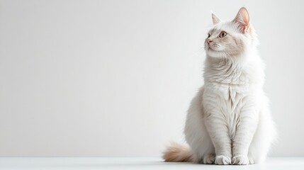 Wall Mural - Turkish Van Cat Display, serene feline profile, distinctive coat pattern, ample space for text, minimalist white backdrop.