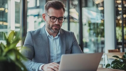 Poster - Agent reviewing property listings on a laptop in an office. 
