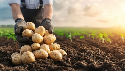 Wall Mural - A person in gloves holds a pile of freshly harvested potatoes over fertile soil, with green crops and a cloudy sky in the background.