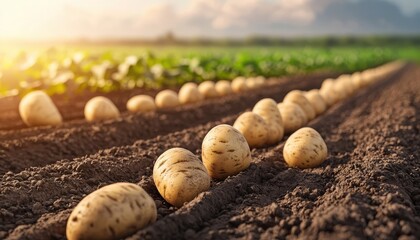 Wall Mural - Freshly harvested potatoes lying in a fertile field under a warm sunlight, showcasing agricultural abundance and natural beauty.