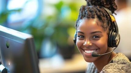 Poster - Customer service representative assisting a customer over the phone with a smile. 