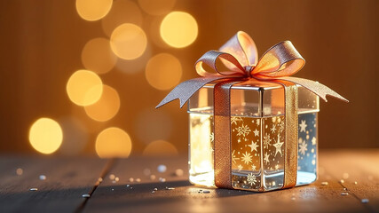 Wall Mural - Christmas gift box with golden bow on bokeh lights background.