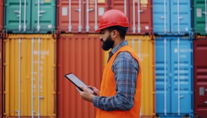 Poster - Worker using tablet to monitor container logistics, sleek control interface, modern shipping coordination