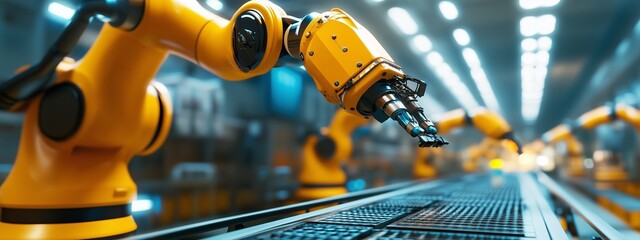 Poster - automated robotic arms performing precise assembly tasks in a modern manufacturing facility during t