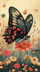 Wall Mural - Delicate butterfly resting on a vibrant flower, surrounded by a dreamy, blurred flower field, showcasing intricate patterns and colors.