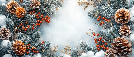 Poster - Winter florals, pine branches, and berries in watercolor on the left side of an empty space for text, in light blue-gray tones with gold accents