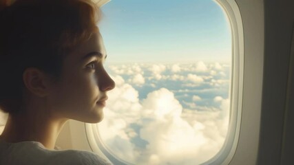 Aufkleber - Passenger observing cloudscape from airplane window during a flight, enjoying the aerial view of beautiful cumulus clouds