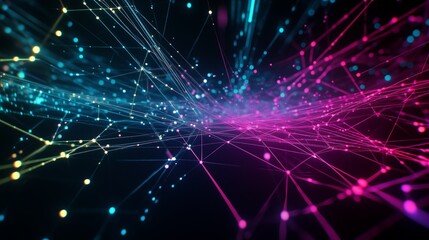 Poster - Dynamic abstract digital art depicting vibrant blue and pink lines interconnected in a network formation against a dark backdrop