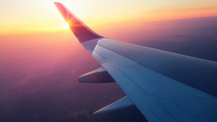 Poster - Airplane wing slicing through the vibrant hues of a breathtaking sunset, capturing the essence of travel and wanderlust as the aircraft journeys through the sky