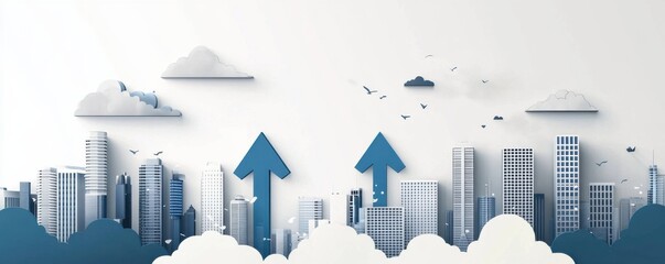 Poster - City skyline with upward arrows and scattered clouds on white background