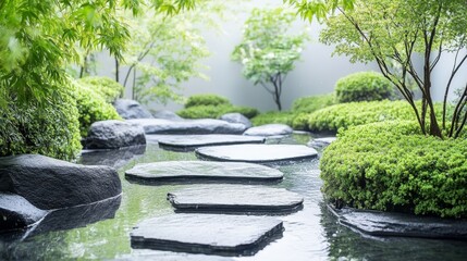 Wall Mural - Feng Shui Garden Oasis, serene outdoor space with flowing water, stone pathways, harmonious energy flow, tranquil design elements