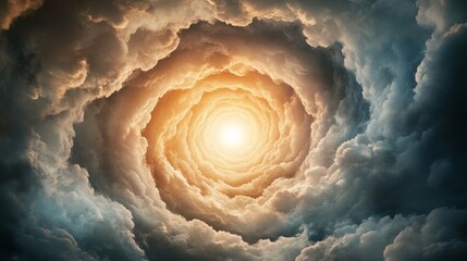 Ethereal spiral clouds embrace a radiant sun, creating a mesmerizing celestial display in a vibrant blue sky.