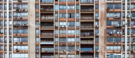 Wall Mural - A towering apartment building showcases a repetitive pattern of balconies and windows, embodying urban life and architecture.