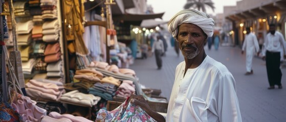 A street vendor in traditional attire proudly displays colorful textiles in a bustling marketplace filled with vibrant energy and cultural charm.