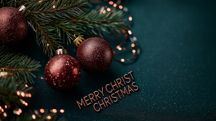 Aufkleber - Festive red and gold Christmas baubles on lush green pine branches with twinkling lights, creating warm holiday atmosphere. Merry Christmas text adds joyful touch