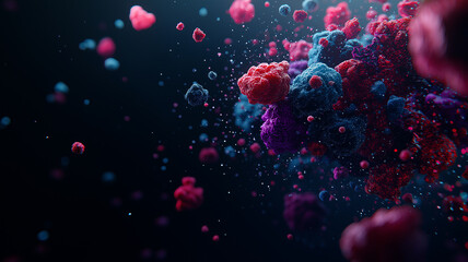 Fototapete - Colorful pathogen clusters float in dark background, showcasing intricate details and vibrant hues. image captures complexity and beauty of microscopic organisms in high resolution
