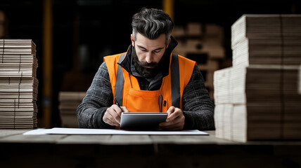 Poster - focused inventory worker in orange safety vest updates records on digital tablet, surrounded by stacks of cardboard boxes in warehouse setting