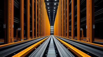Poster - modern warehouse interior with automated system features tall orange racks and tracks for efficient storage and retrieval. symmetrical design and lighting create futuristic atmosphere
