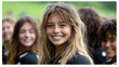 © PuriStudio - Confident female rugby player smiling with teammates in background, showcasing teamwork and enthusiasm for sport
