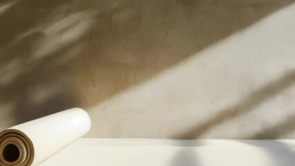 Poster - White yoga mat lies rolled up on a white table against a beige wall, illuminated by sunlight streaming through a window, creating a serene atmosphere perfect for practicing yoga and meditation