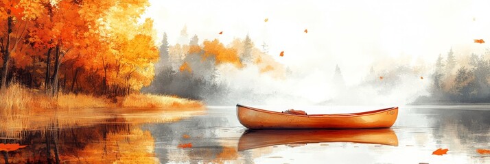 Wall Mural - Lone kayak by serene lake, framed by vibrant autumn leaves, peaceful and tranquil scene capturing nature's beauty.