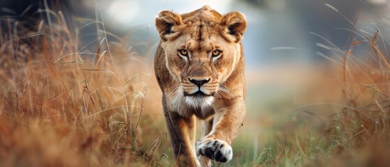  A fierce lioness strides purposefully through tall grass, her gaze intense and focused, embodying strength and elegance in the wild savanna.