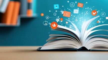 Poster - Glowing Pages of an Open Book with Digital Elements