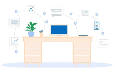 Poster - A modern workspace with a computer, documents, and plants for enhancing productivity and organization during work hours