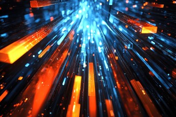 Poster - Abstract digital background with vibrant glowing lines in blue and orange colors