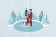 © deagreez - Greeting picture collage of happy couple enjoying time together skating on ice isolated on drawing background
