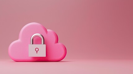 Fototapete - Pink cloud with a padlock on a pink background, symbolizing cloud security.