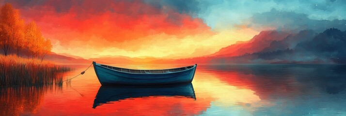 Wall Mural - Serene Lake Reflection, an illustration of a tranquil boat anchored on a calm lake mirroring the vibrant hues of the sky