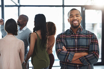 Poster - Smile, workshop or portrait of happy man with business people for coaching, meeting or planning. Opportunity, learning and proud designer with confidence for skills development, teamwork and training