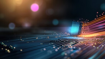 Poster - Colorful Digital Chip with AI Symbol in Focus