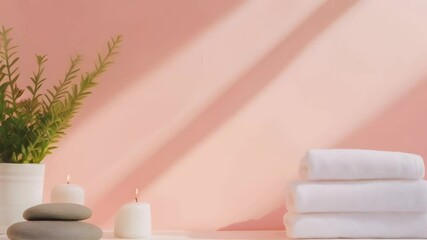 Poster - White fluffy towels, burning candles, zen stones and a green plant creating a relaxing spa atmosphere on a pink background with copy space