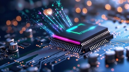Poster - Futuristic Microchip with Vibrant AI Emission Effects