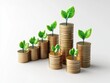 © Suchawadee - Growth concept with coins stacked and sprouts, symbolizing investment and sustainability on a white isolated background.