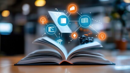 Poster - Vibrant Book with Light Beams and Emerging Icons
