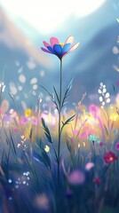 Wall Mural - Vibrant Wildflower Amidst a Soft Meadow, A striking single wildflower stands out against a beautifully blurred, colorful meadow backdrop.