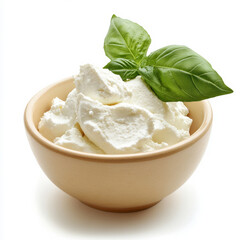 Wall Mural - A bowl of fresh ricotta cheese, isolated on a white background, highlighting a soft and versatile cheese