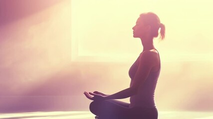 Poster - Peaceful yoga instructor meditates in lotus pose, bathed in sunlight. The serene atmosphere promotes relaxation and mindfulness for overall wellbeing