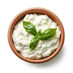 Wall Mural - A bowl of fresh ricotta cheese, isolated on a white background, highlighting a soft and versatile cheese