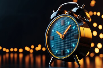 Poster - 3D-rendered alarm clock with neon lights and gentle sound waves, symbolizing a modern, digital wake-up call