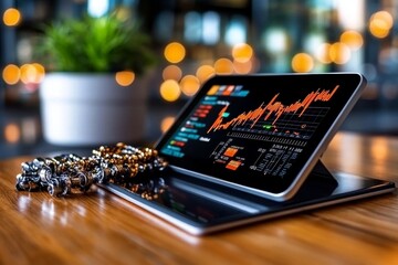 Poster - A business analyst reviewing customer demand data on a tablet while overseeing a production floor, symbolizing demand-pull production
