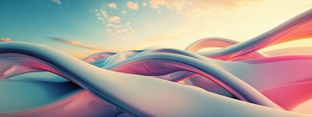 Poster - colorful abstract landscape with flowing shapes under a bright sky during sunrise, capturing movemen