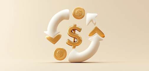 Fototapete - Golden dollar sign surrounded by circular arrows and coins, representing financial growth and exchange on a smooth beige background.